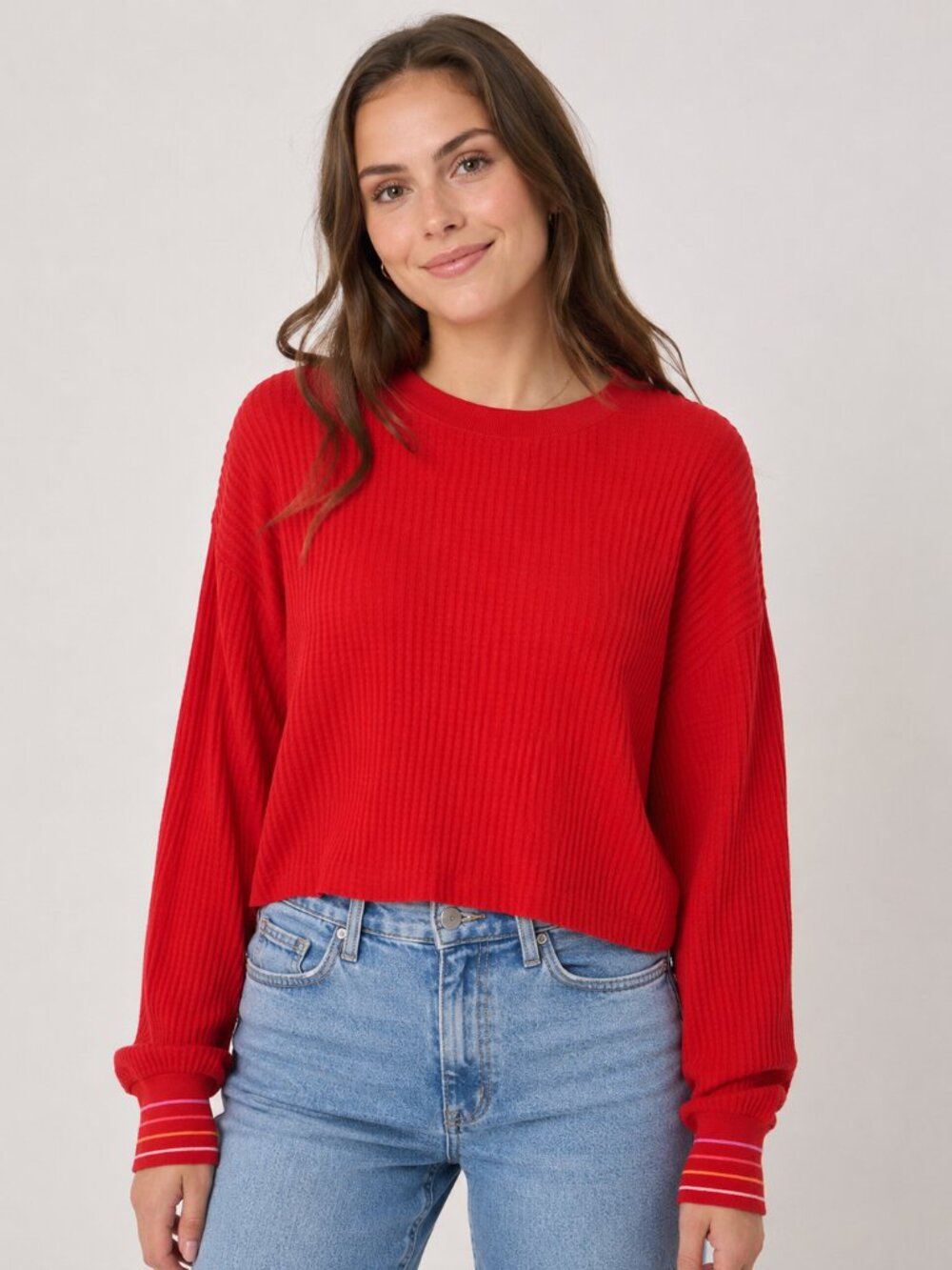 P.J. Salvage Red Waffle Knit Sweater Small Crop Pullover Amour Embroidered